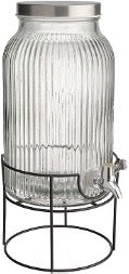 Glass dispenser with black metal coated stand