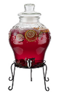 Glass dispenser with black metal coated stand
