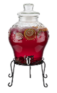 Glass dispenser with black metal coated stand